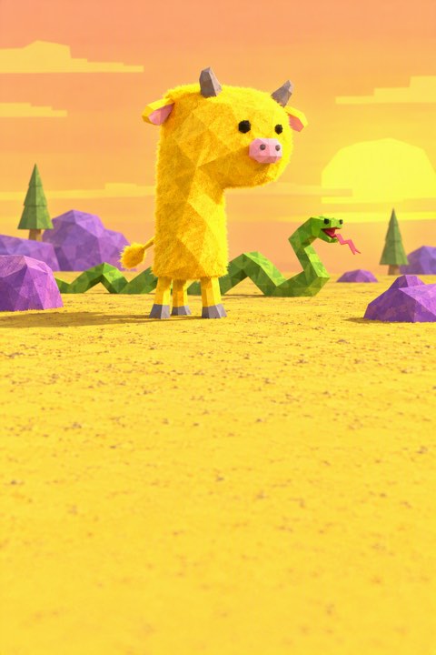 NIUPONS lobby poster: the calf, the snake, three grass, a sunset